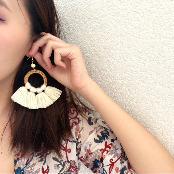 Wicker Rattan Wood Tassels Earrings Woven - Picture 2 of 5